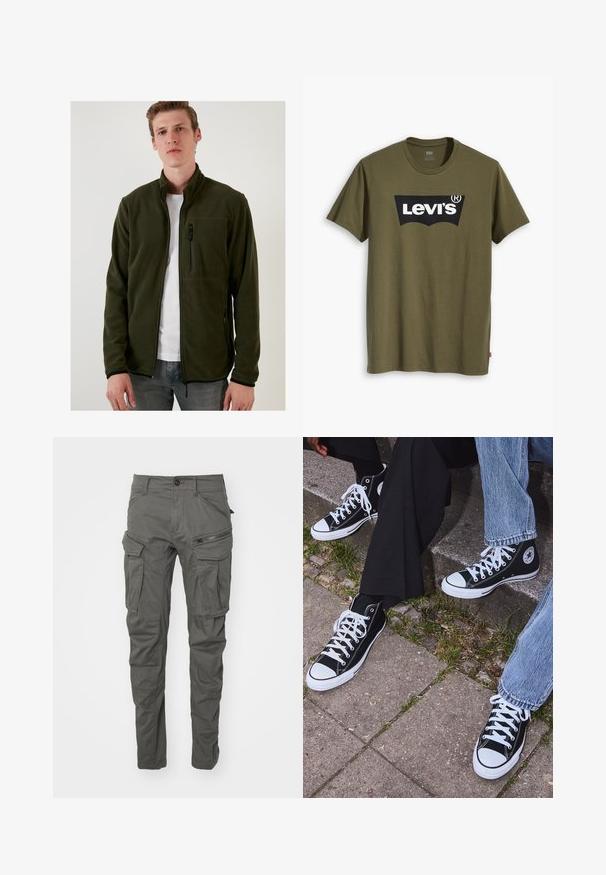 Zielona polarowa kurtka z wysokim kołnierzem, zamykanymi na zamek kieszeniami i gładką fakturą. Posiada czarne zamki błyskawiczne oraz dopasowany krój.; Bawełniany t-shirt w oliwkowej zieleni z dużym czarnym logo Levi's w kontrastowym, półokrągłym kształcie na piersi. Regularny krój.; Szare spodnie cargo wykonane z trwałego materiału, z wieloma kieszeniami, zamkami błyskawicznymi, zapięciem na guzik oraz zwężającym się krojem nogawek.; Czarne wysokie trampki z kanwy z białymi gumowymi podeszwami i sznurówkami, z okrągłym logo z boku, w zestawie z dżinsami i czarnymi spodniami.