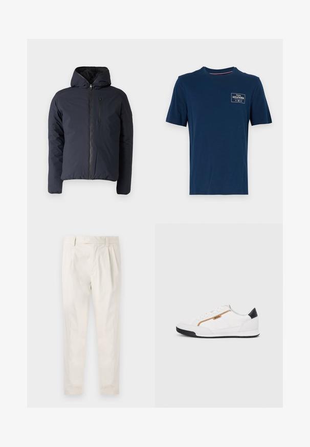 Mornarska puhovka s kapuco, zadrgo in žepom na prsih. Opremljena je z gladko, rahlo sijočo teksturo in izoliranim oblazinjenjem.; Tamnavi bomba majica iz 100% bombaža z okroglo izrezom, kratkimi rokavi in majhnim belim logotipom na levi strani prsnega dela. Gladka tekstura.; Bele, plisirane hlače s krojenim prileganjem, z gladko teksturo, z zankami za pas in ožjimi hlačnicami. Brez vidnih žepov ali vzorcev.; Bele športne čevlje z mrežnimi in usnjenimi detajli. Opremljeni so z zlatim logotipom "BOSS", teksturiranimi stranskimi paneli in črnim kapcom na peti. Guma podplat.