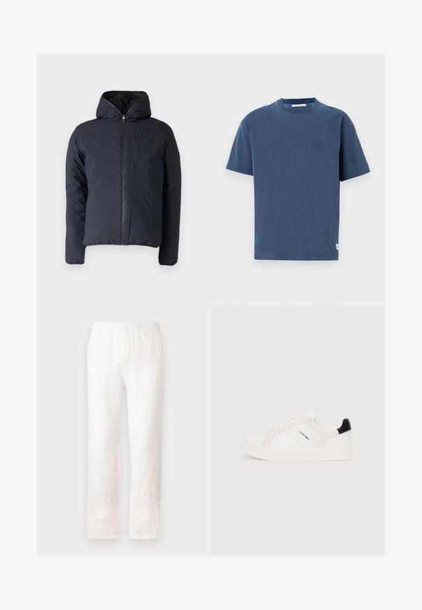 Tumes sinine puffer jakk kapuutsiga, lukuga ja rinna-taskuga. Omab siledat, veidi läikivat tekstuuri, millel on soojustuspadjad.; Tumedat sinine puuvillane T-särk, lühikesed varrukad, ümmargune kaelus, regulaarne istuvus, ühtlane disain, väikese logo etikett alumises ääres.; Valged linased püksid elastse vöökoha, sirge jala kujunduse ja kergelt tekstureeritud kangaga. Ilma mustrite või lisadega.; Valge tossud heleda roosa ja musta aktsendiga, mis sisaldavad sileda naha ja nubukpaneele, ümarat varvust ja lamedat kummitalda.