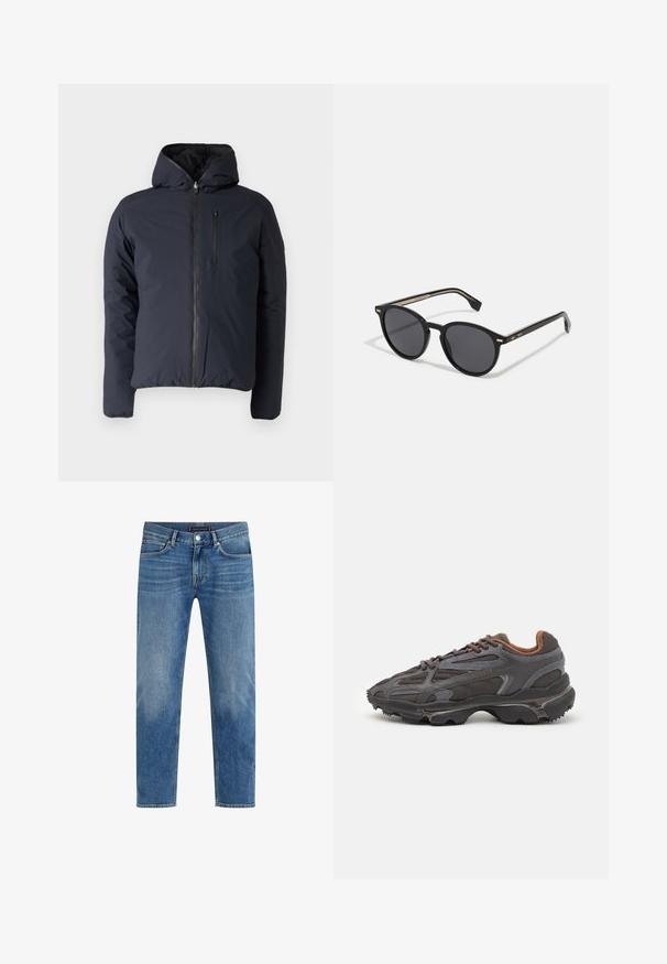 Navy puffer jacket with a hood, zip closure, and a chest pocket. Features a smooth, slightly shiny texture with insulated padding.; Red cotton t-shirt with short sleeves, crew neck, and a small logo on the left chest. Smooth texture and regular fit.; Light blue denim jeans with a straight leg design, faded wash, five-pocket styling, contrasting stitching, and a front button closure.; Lacoste sneakers in dark gray with mesh and synthetic material, featuring a textured sole and brown accents on the collar and branding.; BOSS Sunglasses - black