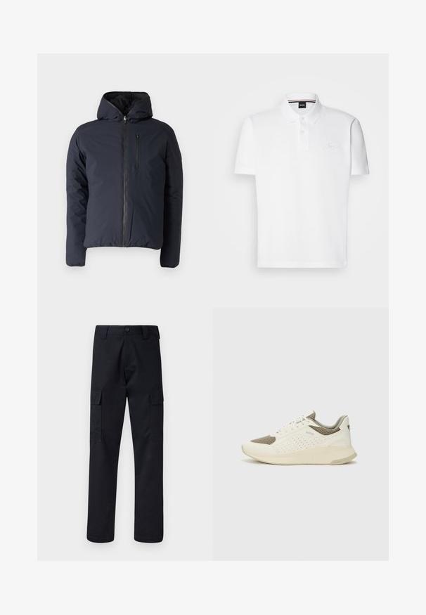Sötétkék pufi dzseki kapucnival, cipzáros záródással és mellzsebbel. Simavású, enyhén fénylő textúrával rendelkezik, és szigetelt töltete van.; Fehér pólóing, pamut-poliészter keverékből készült, gallérral, két gombos záródással és diszkrét hímzett logóval a mellkasán.; Fekete cargo nadrág, tartós anyagból készült, egyenes szárú fazonnal, két oldalsó zsebbel és gombos záródással a derékon.; Fehér és világos bézs sportcipő, légies hálós felsőrésszel, perforált részletekkel és texturált középtalppal, amelyen a saroknál a márka logója található.