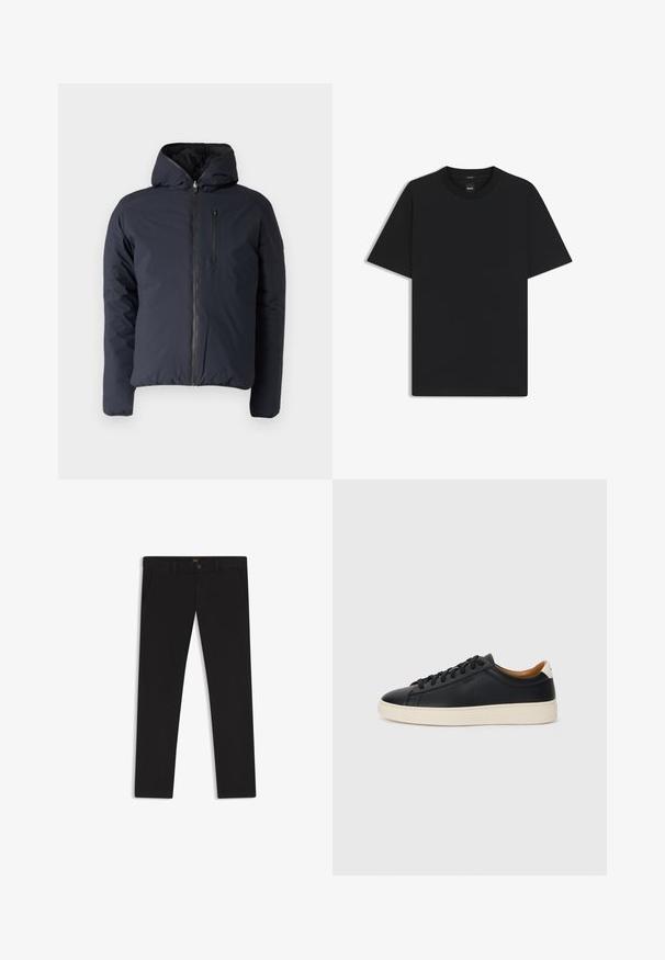 Laivaston sininen puhallettava takki hupulla, vetoketjulla ja rintataskulla. Ominaisuuksiin kuuluu sileä, hieman kiiltävä pinta, jossa on eristetty täyte.; Musta lyhythiha T-paita, joka on valmistettu sileästä puuvillasekoitteesta. Paita on varustettu pyöreällä pääntiehen ja siinä on minimaalinen muotoilu ilman kuvioita tai yksityiskohtia.; Mustat housut, jotka on valmistettu sileätekstiilisestä kankaasta. Varustettu nappikiinnityksellä, vyölenkeillä ja sivutaskuilla. Standardi suora lahjemalli.; Mustat nahkasneakerit, joissa on sileä pinta, beige kumipohja, nauhakiinnitys ja erottuva kanta-aksentti.