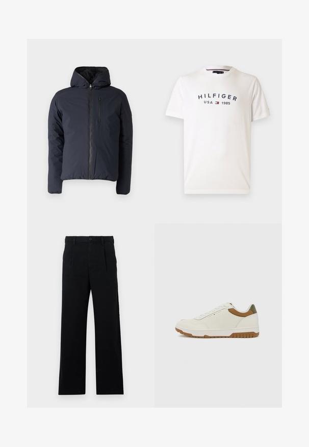 Jūras spēku puffer jaka ar kapuci, ar rāvējslēdzēju un krūšu kabatu. Tam ir gluda, nedaudz spīdīga tekstūra ar izolētu pildījumu.; Balta kokvilnas T-krekls ar apaļu kaklu, īsām piedurknēm un centrālo logo "HILFIGER USA 1985" tumši zilā krāsā ar sarkanu un zilu emblemu.; Melnas pielāgotas bikses, kas izgatavotas no kokvilnas; ar plakanu priekšpusi, redzamām šuvēm un taisnu kāju griezumu. Pogas aizdare viduklī.; Tommy Hilfiger BASKET CORE - Treniņu apavi - ecru/army green