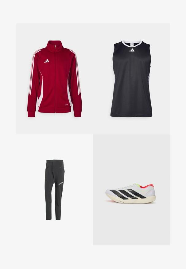 Red athletic jacket with a high collar, front zipper, white side stripes, and Adidas logo on the chest. Made from breathable material.; Black sleeveless athletic tank top with a V-neck, white accents on the sides, and a white Adidas logo on the chest. Smooth, moisture-wicking fabric.; Black outdoor pants made from a flexible material. Features multiple zippered pockets and a logo on the lower leg. Tailored fit design.; White running shoe with black stripes, neon green accents, and a red heel. Features a lightweight design and textured sole for grip.