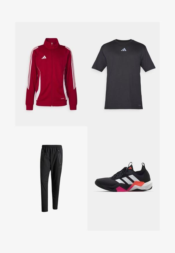 Jachetă sport roșie cu guler înalt, fermoar frontal, dungi albe pe lateral și logo-ul Adidas pe piept. Fabricată din material respirabil.; Tricou sportiv scurt din material ușor, de culoare neagră, cu un logo Adidas reflectorizant discret pe piept.; Pantaloni atletici negri cu talie elastică, două buzunare laterale cu fermoar, picioare conice și un detaliu logo discret pe șold.; Pantofii atletici negri cu dungi albe, parte superioară texturată și o talpă robustă cu accente portocalii, roz și albe. Design cu șireturi și bandă de prindere.