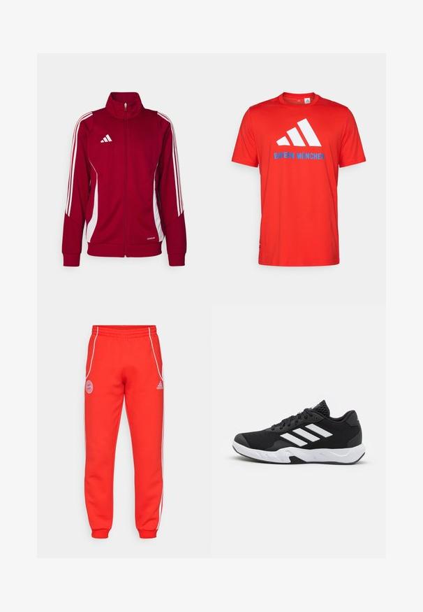 Rote Sportjacke mit hohem Kragen, Frontreißverschluss, weißen Seitenstreifen und Adidas-Logo auf der Brust. Hergestellt aus atmungsaktivem Material.; Rotes Baumwoll-T-Shirt mit einem weißen Drei-Streifen-Logo und "BAYERN MÜNCHEN" in Blau. Rundhalsausschnitt und kurze Ärmel, einfaches Design.; Rote Jogginghose mit elastischem Bund, weißen Seitenstreifen und Logodetails an der Hüfte und am Unterschenkel. Hergestellt aus weichem Stoff mit gerippten Bündchen.; Schwarze Sportschuhe mit einem strukturierten Mesh-Obermaterial, weißen Akzentstreifen, einer gepolsterten Sohle und einer verstärkten Ferse für Unterstützung.