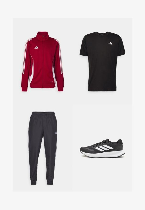 Rote Sportjacke mit hohem Kragen, Frontreißverschluss, weißen Seitenstreifen und Adidas-Logo auf der Brust. Hergestellt aus atmungsaktivem Material.; Schwarzes Baumwoll-T-Shirt mit kurzen Ärmeln, Rundhalsausschnitt und einem weißen Logo auf der linken Brust. Glatte Textur und einfaches Design.; Schwarze Sporthosen mit elastischem Bund, mit weißen Streifen an den Seiten und einem kleinen Logo an der Hüfte. Glatte Textur.; Schwarzer Sportschuh mit atmungsaktivem Mesh-Obermaterial, weißen Akzenten und einer gepolsterten Sohle. Mit drei Streifen-Logo an der Seite.