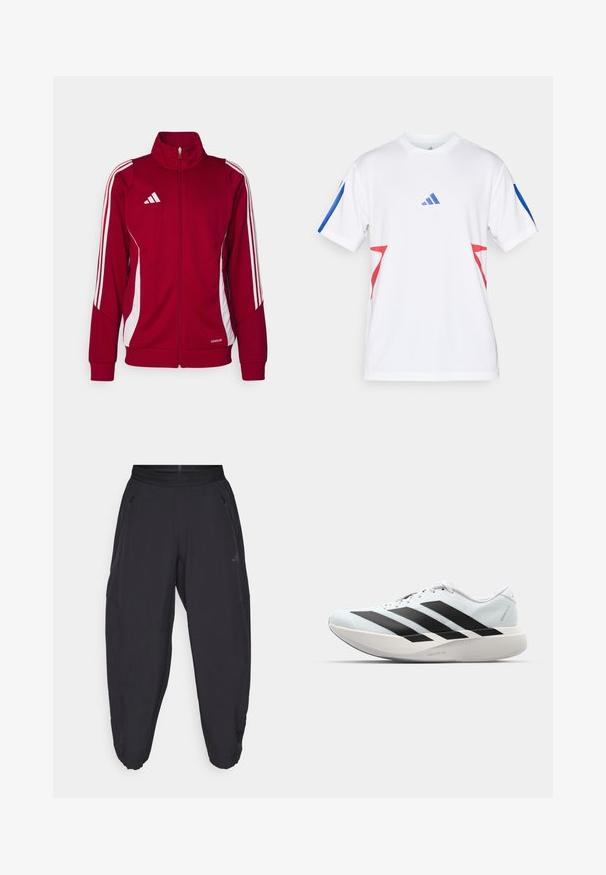 Giacca sportiva rossa con colletto alto, zip frontale, strisce bianche sui lati e logo Adidas sul petto. Realizzata in materiale traspirante.; Maglietta sportiva bianca realizzata in rete leggera, con accenti blu sulle maniche e disegni triangolari rossi sui lati. Logo Adidas visibile.; Pantaloni sportivi neri con cintura elastica, tasche laterali con zip, gambe affusolate e logo discreto sulla coscia destra.; Scarpe da corsa leggere di colore azzurro pallido con strisce nere. Presentano una tomaia liscia, punta rotonda e un'ampia intersuola bianca etichettata "LIGHTSTRIKE PRO."