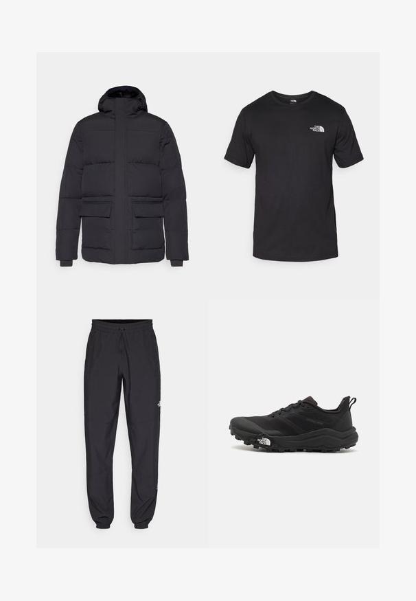 Črna podložena jakna s kapuco, ki ima dve sprednji žepi in rebraste manšete. Gladka tekstura s horizontalnim šivnim vzorcem.; Črna kratko sleeved majica iz bombaža, s krožnim izrezom in majhnim belim logotipom na zgornjem levem delu prsnega koša.; Črne atletske hlače iz lahkega materiala, ki imajo elastični pas z vezalko, stranske žepe in zožene manšete na gležnjih.; Črne tekaške čevlje za trail s teksturirano zgornjega dela, gumijastim podplatom in ojačanim zaključkom prstov. Vključuje oblazinjen ovratnik in zanko za enostavno obuvanje.