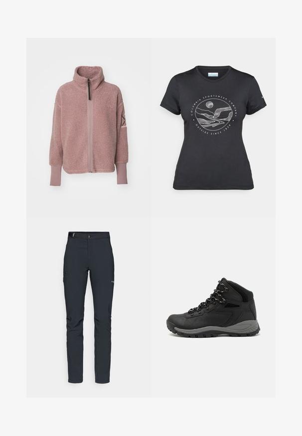 Pehmeast heledast roosast fleece-jakist kõrge kaelusega, pool-zip esiküljega ja ribatre ribidega. Kätel on peen logo detail.; Musternine Columbia T-särk mustas värvuses, millel on valge ümmargune mägi ja jõe joonistus ning tekst "Columbia Sportswear Company Outside Since 1938."; Meeste välkpüksid, tumehallid, valmistatud paindlikest materjalidest, vöökohaga, tõmblukuga taskud ja tugevdatud õmblused.; Mustarjaline matkasaabas, millel on keskmine disain, tekstuuriga ülemine osa, hallid aktsendid ja vastupidav kummist põhi, millel on haardelugesid.