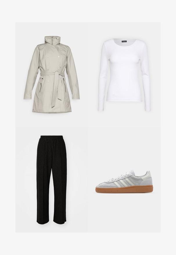 Gai pelēks, ūdensnecaurlaidīgs mētelis ar rāvējslēdzēju priekšpusē, augstu apkakli, dubulto pogu aizdari un noņemamu jostu. Tam ir sānu kabatas.; Balts ribots garām piedurknēm krekls ar apaļu kakla izgriezumu. Izgatavots no elastīga auduma, kas pieguļ ķermenim. Iezīmējas ar smalkām horizontālām līnijām.; Melna, plaša kāju bikses ar baltām vertikālām svītrām, ar elastīgu jostu komfortam un gludu, mīkstu tekstūru.; Gai pelēki zamšīgās kedas ar baltām ādas detaļām, trim baltām līnijām un brūnu gumijas zoli, ar mīkstinātu apkakli komforta nodrošināšanai.