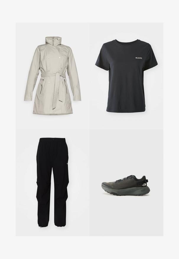 Világosszürke, vízálló kabát cipzáros elülső résszel, magas gallérral, dupla gombolású dizájnnal és levehető övvel. Oldalsó zsebekkel rendelkezik.; Fekete pamut póló rövid ujjakkal, kerek nyakkivágással és kis fehér Columbia Sportswear logóval a bal mellrészen.; Fekete kültéri nadrág, tartós anyagból készült, laza fitnesz, rugalmas derékpánttal és állítható hosszúságú, behúzható szárakkal rendelkezik.; Sötétszürke sportcipő texturált szövet felsőrésszel, lapos fűzőkkel, megerősített orral és vastag, strapabíró talppal a tapadás érdekében. 300 dombornyomott a saroknál.