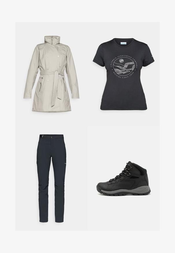 Heled halli, veekindel mantel, millel on lukuga esiosa, kõrge krae, kahekordne nööpide disain ja eemaldatav vöö. Omab küljetaskuid.; Musternine Columbia T-särk mustas värvuses, millel on valge ümmargune mägi ja jõe joonistus ning tekst "Columbia Sportswear Company Outside Since 1938."; Meeste välkpüksid, tumehallid, valmistatud paindlikest materjalidest, vöökohaga, tõmblukuga taskud ja tugevdatud õmblused.; Mustarjaline matkasaabas, millel on keskmine disain, tekstuuriga ülemine osa, hallid aktsendid ja vastupidav kummist põhi, millel on haardelugesid.