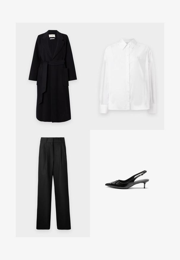Černý kabát z vlněné směsi s klopovým límcem, páskem v pase a dvěma bočními kapsami. Dlouhé rukávy a rovný střih.; Bílá košile s dlouhým rukávem z hladké bavlněné směsi. Obsahuje klasický límec, přední zapínání na knoflíky a zaoblené manžety.; Černé široké kalhoty s hladkým povrchem, vybavené předními sklady a vysokým pasem. Vyrobeno z lehké látky.; Černé kožené lodičky na slingback s špičatou špičkou, malým podpatkem typu kitten a ozdobným uzlem na přední straně. Hladký povrch po celém obvodu.