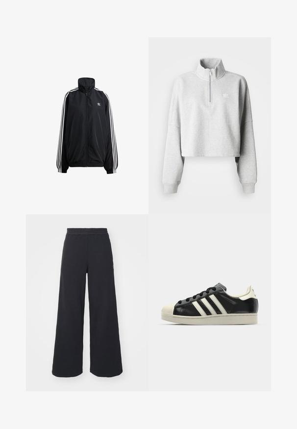 Chaqueta negra con cremallera fabricada en material ligero. Presenta un alto cuello, puños elásticos y rayas blancas a los lados. Pequeño logotipo en el pecho.; Sudadera recortada de color gris claro con cuello alto y media cremallera. Presenta mangas sueltas y un pequeño logo blanco en el pecho. Material de mezcla de algodón.; Pantalones de chándal negros de pierna ancha, hechos de una tela suave, con una cintura elástica y un pequeño logo en el lado izquierdo.; Zapatilla de cuero negro con rayas blancas, puntera de goma, cordones negros y suela color crema. Textura suave con acabado brillante.