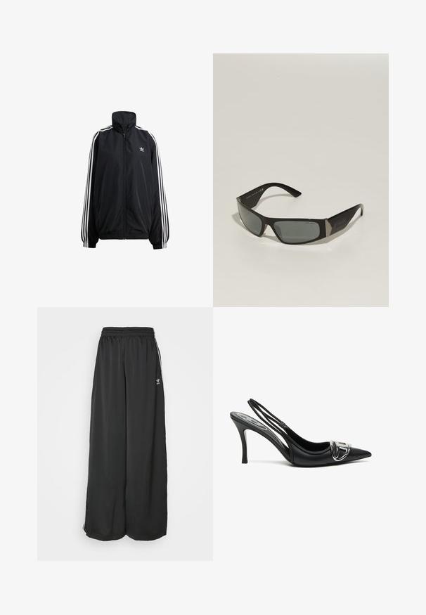 Chaqueta negra con cremallera fabricada en material ligero. Presenta un alto cuello, puños elásticos y rayas blancas a los lados. Pequeño logotipo en el pecho.; Top corto negro con canalé y tirantes finos ajustables, que presenta tres rayas blancas a los lados y un pequeño logo de Adidas blanco en el centro.; Pantalones de chándal negros de corte holgado, fabricados en un tejido suave. Cuentan con una cintura elástica y rayas laterales con acentos de logo.; Zapatos de tacón alto de charol negros con tira trasera y punta afilada, que presentan un detalle de hebilla plateada brillante y un tacón delgado. Textura de cuero suave, diseño minimalista.; Gafas de sol negras con forma rectangular, lentes ahumados grises y acentos metálicos en las patillas. Cuentan con montura de plástico y una textura suave.