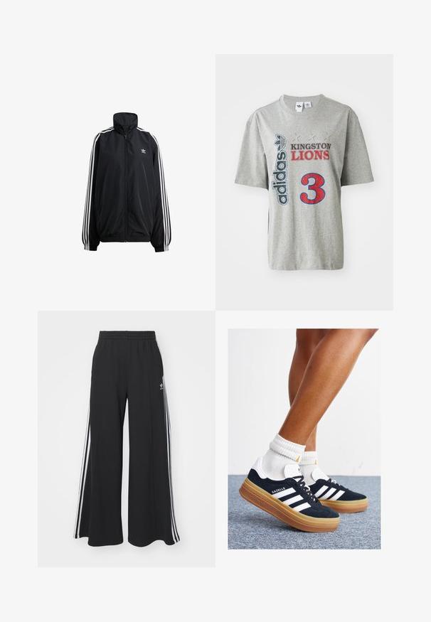 Casaco preto com fecho éclair feito de material leve. Apresenta gola alta, punhos elásticos e riscas brancas nas laterais. Pequeno logótipo no peito.; Camiseta de algodão cinza com o logotipo "adidas", o texto "KINGSTON LIONS" em vermelho e preto, e um grande gráfico vermelho "3" na parte da frente. Mangas curtas.; Calças de suor largas e pretas com uma cintura elástica, apresentando riscas brancas nas laterais e um logótipo bordado na coxa esquerda.; Ténis de camurça preta com riscas e detalhes brancos, biqueira arredondada, sola em borracha cor de goma, combinados com meias brancas caneladas até à altura do tornozelo.