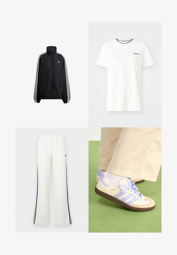 Sort lynlåsjakke lavet af letvægtsmateriale. Har en høj krave, elastiske manchetter og hvide striber ned ad siderne. Lille logo på brystet.; Hvid bomulds t-shirt med korte ærmer og rund halsudskæring. Har et sort Adidas-logo på brystet og en kontrasterende sort indvendig krave.; Lyse cremefarvede bukser i kabelstrik med flared design. Har mørkeblå sidelommer og en Adidas-logo på hoften. Elastisk taljebånd.; Creme og lavendel sneakers med tre striber og en tekstureret brun sål, der har snørebånd og en polstret hæl. Blødt stof øvre.