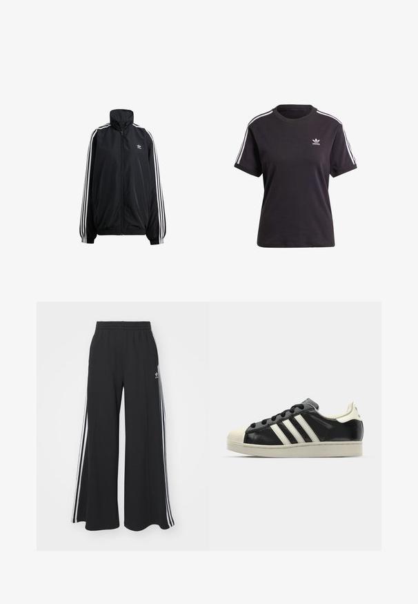 Czarna kurtka zip-up wykonana z lekkiego materiału. Posiada wysoki kołnierz, elastyczne mankiety i białe paski po bokach. Małe logo na klatce piersiowej.; Czarny bawełniany t-shirt z krótkim rękawem i okrągłym dekoltem, z białymi paskami na ramionach oraz małym białym logo Adidasa na piersi.; Czarne szerokie spodnie dresowe z elastycznym pasem, z białymi paskami po bokach i haftowanym logo na lewej udzie.; Czarne skórzane trampki z białymi paskami, gumowym czubkiem, czarnymi sznurówkami i kremową podeszwą. Gładka faktura z połyskującym wykończeniem.