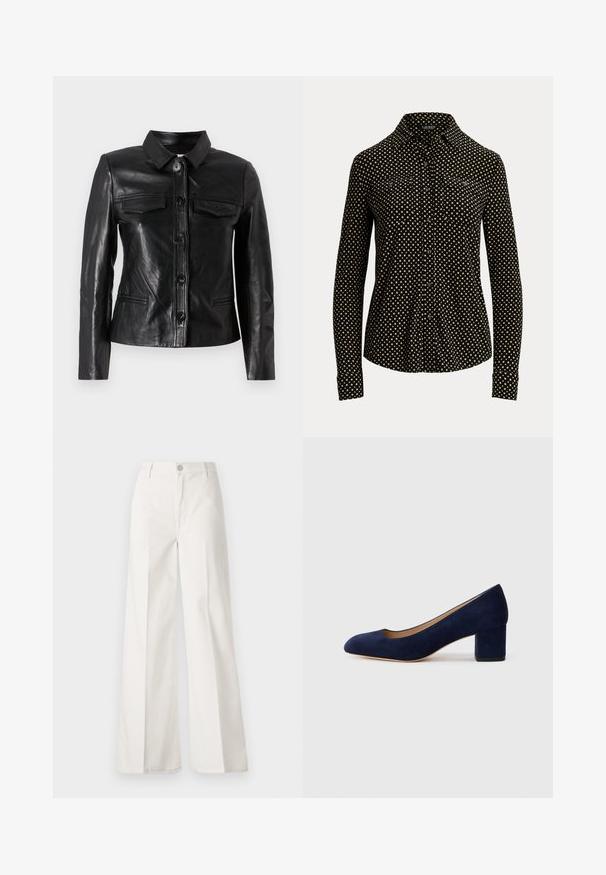 Black leather jacket with a collar, front button closure, two chest pockets, and side pockets. Smooth texture with a fitted silhouette.; Black button-up shirt with white square pattern, long sleeves, collar, and two front pockets, made from a soft fabric.; White wide-leg trousers made from cotton with a smooth texture. Features a front button, zipper fly, and four-pocket design.; Navy blue suede pump with a pointed toe and a mid-height block heel. Smooth texture with a subtle sheen and a small cutout at the front.