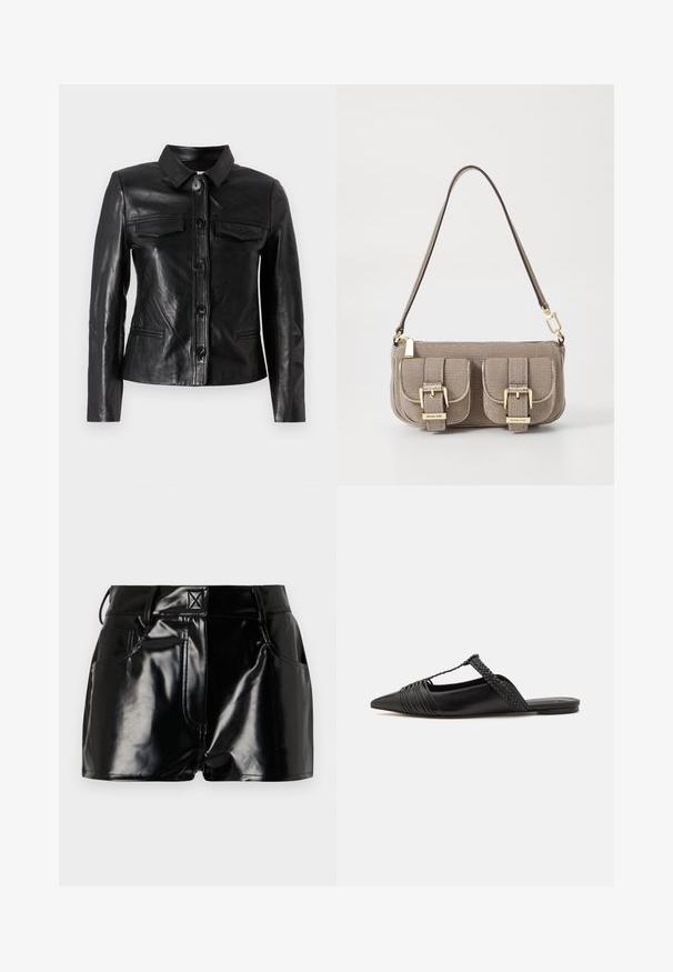 Black leather jacket with a collar, front button closure, two chest pockets, and side pockets. Smooth texture with a fitted silhouette.; White long-sleeve shirt made of cotton, featuring a classic collar, button closure, and a single breast pocket on the left side.; Black, glossy shorts made of synthetic material. Features a fitted waist, belt loops, and front pockets with prominent stitching details.; Black leather slingback shoe with a pointed toe, featuring a woven accent and pleated upper design. Flat sole with minimal hardware.; Beige textured handbag with adjustable strap, two front pockets secured by buckles, and gold hardware accents. Zipper closure at the top.