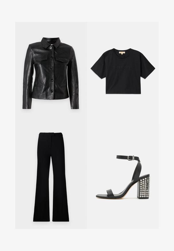 Veste en cuir noir avec un col, fermeture par boutons sur le devant, deux poches poitrine et des poches latérales. Texture lisse avec une silhouette ajustée.; T-shirt noire cropped en coton. Caractéristiques : col rond et manches courtes. "MICHAEL KORS" brodé dans une couleur assortie sur le devant.; Pantalons évasés noirs avec une texture lisse, une taille cintrée et des poches avant, conçus avec une silhouette moderne et élégante.; Sandales à talons noires en cuir avec une bride de cheville. Dotées d'un bout carré, d'une texture lisse et d'un talon carré orné de clous en argent.