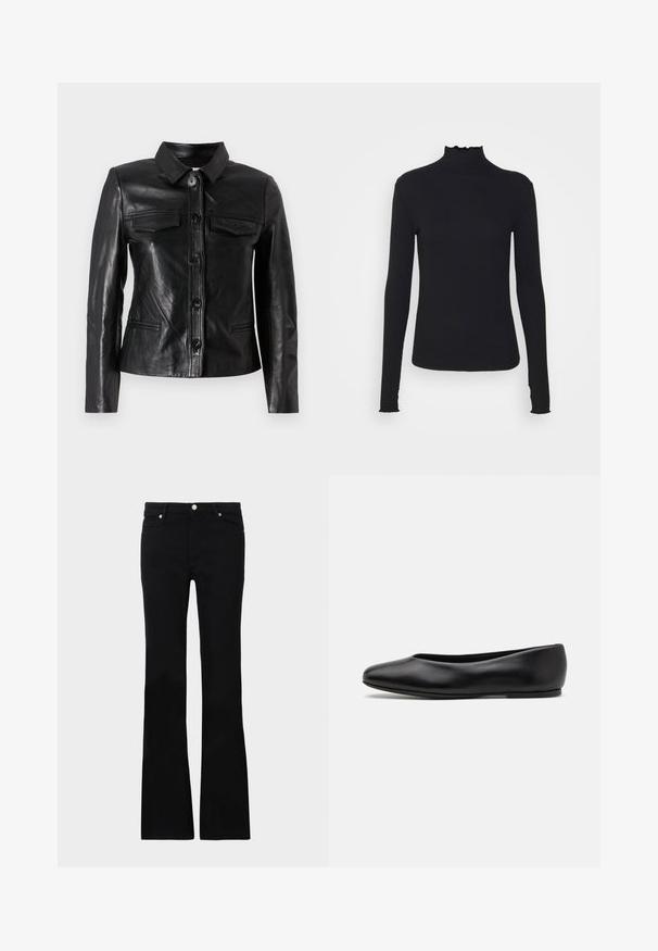 Črna usnjena jakna s ovratnikom, sprednjim zapiranjem na gumb, dvema žepoma na prsih in stranskima žepoma. Gladka tekstura in prilegajoč silhuet.; Črn dolg rokav turtleneck zgornji del iz gladkega materiala, ki se ponaša z nabranim ovratnikom in prilegajočim silhueto s preprostimi robovi.; Črne zvonaste kavbojke iz denima, ki imajo dve sprednji žepi, gumbasto zapiranje in gladko teksturo. Oznaka zašite vidna na šivih.; Paul Smith TOPANGA - Balerinke - black