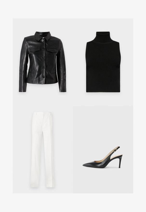 Giacca in pelle nera con colletto, chiusura frontale con bottoni, due tasche sul petto e tasche laterali. Tessuto liscio con una silhouette aderente.; Top senza maniche nero a collo alto con texture a coste e design aderente. Tessuto morbido con collo alto e senza ulteriori decorazioni.; Pantaloni bianchi a gamba dritta realizzati in un tessuto leggero. Presentano una linea frontale piatta, passanti per cintura e nessun motivo o decorazione visibile.; Slingback in pelle nera con i tacchi alti a punta, cinturino regolabile e tacco a spillo elegante, caratterizzati da una finitura liscia.