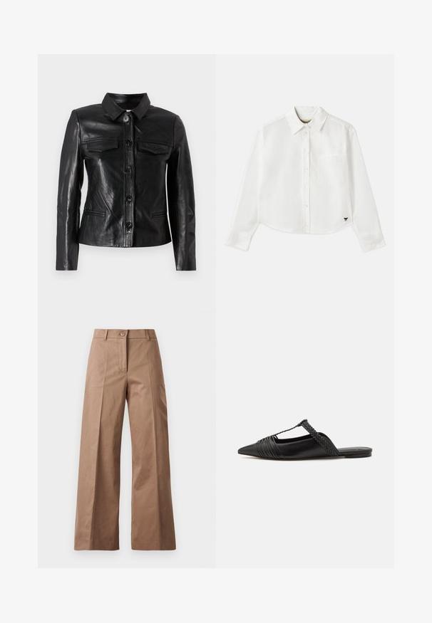 Zwarte leren jas met een kraag, sluiting met knopen aan de voorkant, twee borstzakken en zijzakken. Glad textuur met een getailleerde silhouet.; Witte, cropped, langemouwen shirt van katoen. Heeft een knoopsluiting aan de voorkant, een borstzak en een klein zwart logo op de linksonder.; Bruine wijde broek gemaakt van een gladde stof, met een voorknoopsluiting, twee zijzakken en strakke, op maat gemaakte lijnen.; Zwarte leren slingback schoen met een puntige neus, voorzien van een gevlochten accent en geplooid ontwerp aan de bovenkant. Platte zool met minimale hardware.