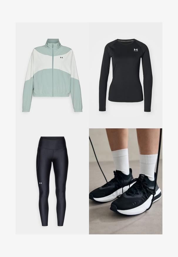 Casaco leve com fecho éclair em verde claro e branco, apresentando um colarinho elevado, bainha elástica e o logótipo da Under Armour no peito.; Camisola atlética de manga longa preta, feita de tecido suave, com decote redondo e um pequeno logótipo branco no lado esquerdo do peito.; Leggings pretos feitos de material liso e elástico, com uma cintura alta. Apresentam um logotipo branco na coxa esquerda e um design ajustado.; Sapatilhas desportivas pretas com tecido texturizado, sola branca e atacadores pretos. Usadas com meias brancas caneladas, a pé sobre uma superfície clara.
