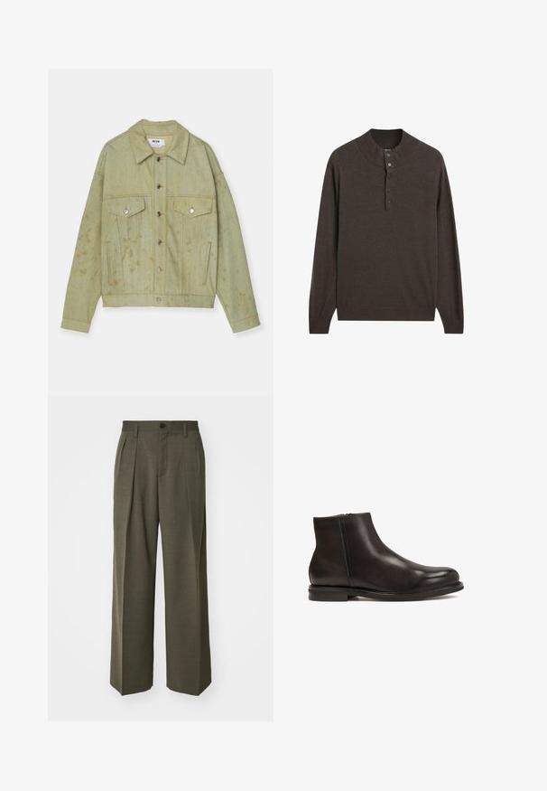Zielona kurtka dżinsowa z zapięciem na guziki, dwiema kieszeniami na piersiach i widocznymi przetarciami. Posiada metalowe elementy oraz kołnierz.; Brązowy sweter z długim rękawem i wysokim kołnierzem, z trzema guzikami. Wykonany z miękkiego materiału, charakteryzuje się gładką teksturą i ściągaczami przy mankietach.; Filippa K - Spodnie materiałowe; Czarne skórzane botki za kostkę o gładkiej fakturze, zaokrąglonym nosku i niskim obcasie. Posiadają boczny zamek błyskawiczny ułatwiający zakładanie.