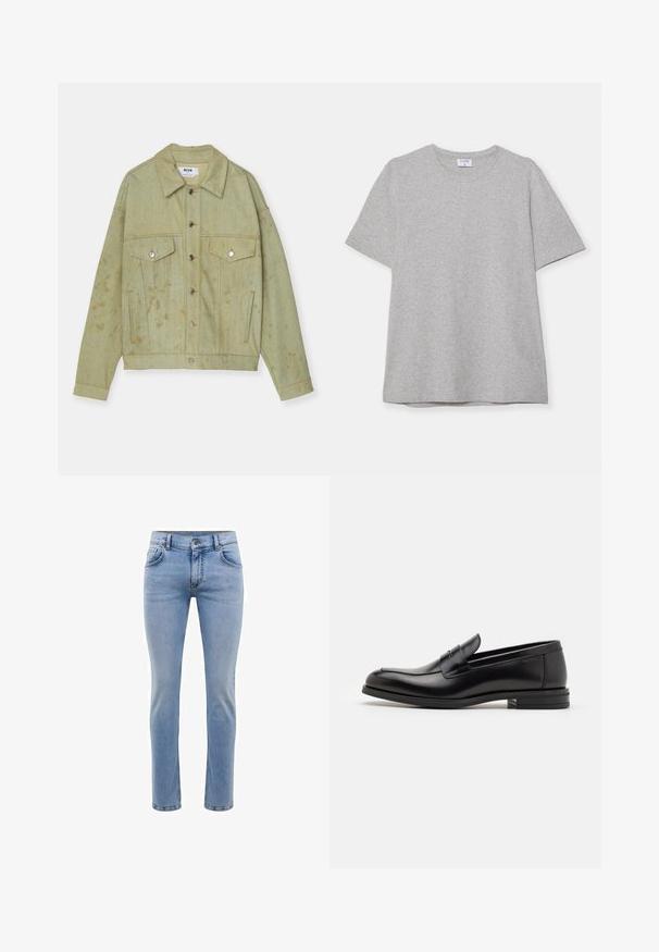 Giacca di jeans verde con chiusura a bottoni, due tasche sul petto e macchie di usura visibili. Presenta hardware in metallo e colletto.; T-shirt grigio a maniche corte realizzato in morbido tessuto testurizzato. Presenta un classico colletto a girocollo e un orlo dritto, adatto per un abbigliamento casual.; Jeans in denim blu chiaro con vestibilità slim, cinque tasche e design a gamba dritta. Presenta un'apertura con zip e passanti per cintura. Texture morbida.; Mocassini neri in pelle con una texture liscia, punta arrotondata e una striscia decorativa sulla tomaia. Tacco basso impilato, design minimalista.