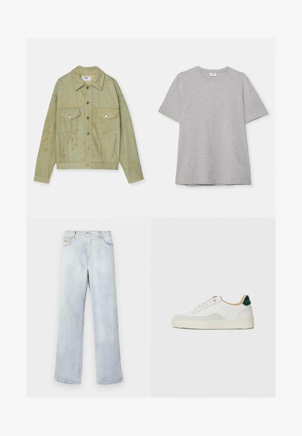 Giacca di jeans verde con chiusura a bottoni, due tasche sul petto e macchie di usura visibili. Presenta hardware in metallo e colletto.; T-shirt grigio a maniche corte realizzato in morbido tessuto testurizzato. Presenta un classico colletto a girocollo e un orlo dritto, adatto per un abbigliamento casual.; Jeans in denim azzurro chiaro con design a gamba dritta, dotati di chiusura a bottone, cinque tasche e cuciture a contrasto.; Sneaker bianco con accenti in camoscio, punta rotonda, lacci piatti e suola in gomma crema. Presenta un marchio verde sul tallone.