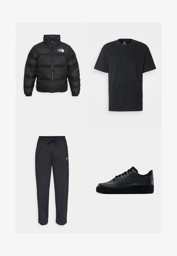 The North Face RETRO NUPTSE JACKET - Dunjakker - black; Nike sort bomulds t-shirt med en klassisk rund hals, korte ærmer og et diskret, præget logo på brystet. Glat tekstur.; Sorte sweatpants lavet af blødt stof med elastisk talje, snøre og et lille Nike-logo på venstre lår.; Sort Nike Air Force 1 sneaker med en glat læderoverdel, perforeret tå for åndbarhed, sorte snørebånd og en textured gummisål.
