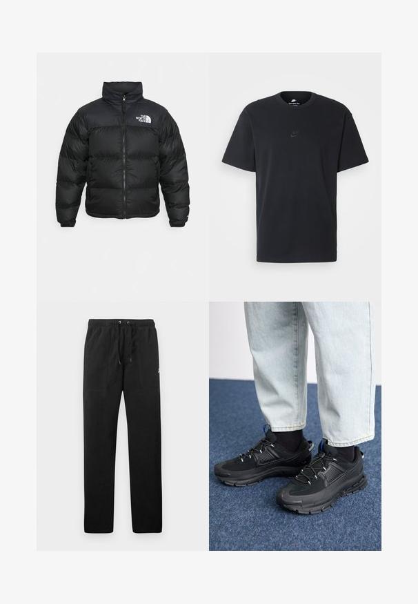 The North Face RETRO NUPTSE JACKET - Dunjacka - black; Svart t-shirt i bomull från Nike med klassisk rund halsringning, korta ärmar och en diskret, präglad logotyp på bröstet. Slät textur.; Svarta sweatpants i fleece, med resårmidja och dragsko, två framfickor och en liten logotyp på låret.; Svarta sportskor med texturerat tyg och gummisulor, med elastiska snörningar och en blå detalj på hälen. Bärs med ljusa jeans.