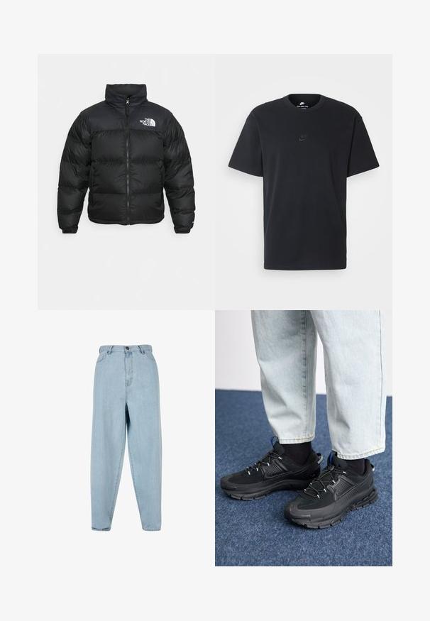The North Face RETRO NUPTSE JACKET - Dunjacka - black; Svart t-shirt i bomull från Nike med klassisk rund halsringning, korta ärmar och en diskret, präglad logotyp på bröstet. Slät textur.; Ljusblå högmidjade jeans med en avslappnad passform. Har en knapp framtill, dragkedja och fem fickor. Lätt urtvättad tygtextur.; Svarta sportskor med texturerat tyg och gummisulor, med elastiska snörningar och en blå detalj på hälen. Bärs med ljusa jeans.