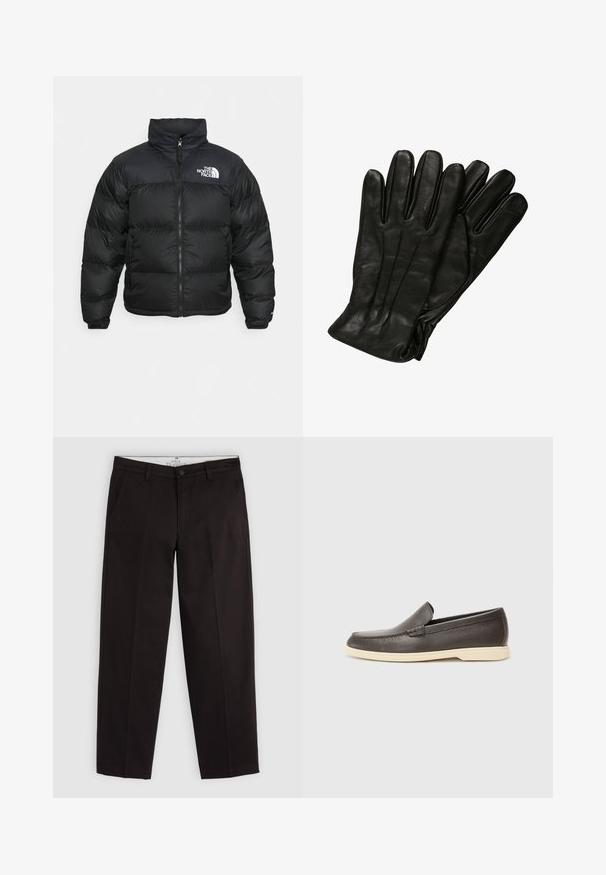 The North Face RETRO NUPTSE JACKET - Down jacket - black; Black cotton t-shirt featuring a chest print that reads "HOUSE PLANTS" in white stylized font with "Levi's" below. Classic crew neckline.; Black straight-leg chinos with belt loops, button closure, and side pockets, displayed on a light gray background.; Brown leather slip-on shoes with a textured surface and a contrasting light beige sole, featuring a rounded toe and minimal stitching details.; Black leather gloves with a smooth texture, five fingers, and subtle stitching details. Classic design, suitable for cold weather use.