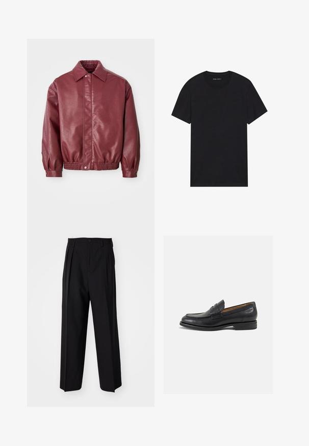 Burgundia nahast jakk, millel on krae, nööpidega sulgurlukku, elastne vöökoht ja veidi paisutatud varrukad, et tagada mugav istuvus.; Mustalane puuvillane t-särk lühikeste varrukatega ja ümarate kaelustega. Kangas on sileda tekstuuriga ja lihtsa, ühtlase disainiga.; Mustad volditud püksid sirge ja laia säärega disainiga. Valmistatud siledast kangast, millel on nuppudega sulgemine ja vööaasad.; Mustad mustad nahast loafers, sujuva viimistlusega, ümar sirge ja dekoratiivne tikand peal. Madal ja kergelt kuhjatud konts ning kerge läige.