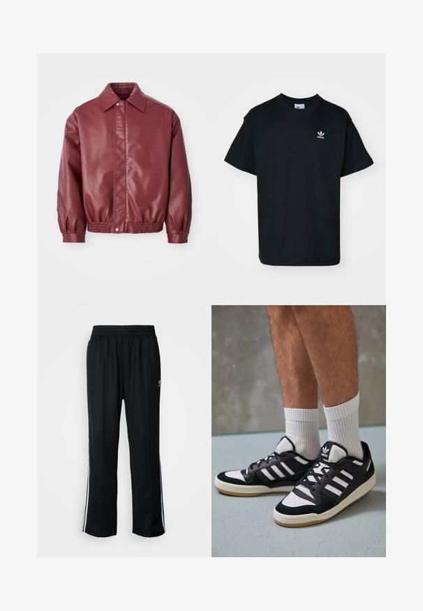 Burgundiško odos švarkas su apykakle, mygtukų uždarymu, elastingu juosmeniu ir šiek tiek pūstomis rankovėmis, kad būtų patogiai prisiūtas.; Juodas medvilnės marškinėliai su apvalia iškirpte ir trumpomis rankovėmis, su mažuoju baltu Adidas logotipu kairėje krūtinės pusėje.; Juodi sportiniai keliai su elastingu juosmeniu, su baltais šonais ir mažu logotipu. Atrodo, kad medžiaga yra minkšta ir lengva.; Juodos ir baltos sportinės bateliai su zomšiniu ir odiniu viršumi, su trimis baltomis juostelėmis, perforuota koja ir guminėmis padais.