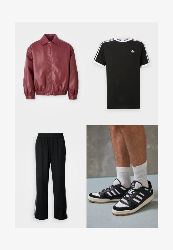 Burgundska kožna jakna s ovratnikom, zatvaranjem na gumbe, elastičnim pojasom i blago napućenim rukavima za ležeran izgled.; Črna majica s kratkimi rokavi, izdelana iz bombaža, s belimi detajli. Ima raglan kroj in majhen logo na prsih. Tri bele črte na ramenih.; Črne atletske hlače z elastičnim pasom, ki imajo bele stranske črte in majhen logo. Material izgleda mehak in lahek.; Črno-bele superge z zgornjim delom iz usnja in nubuka, ki imajo tri bele črte, perforiran vrh prstov in podplat iz gume.