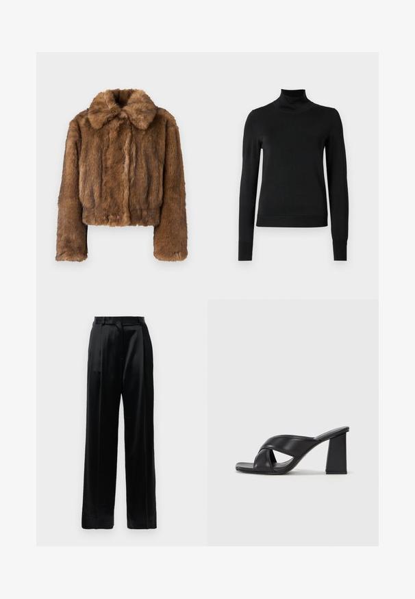 Brūns mākslīgā kažokādas īss jakas ar noapaļotu apkakli, garām piedurknēm un mīkstu, teksturētu virsmu. Nav redzamu metāla detaļu vai rakstu.; Melnas garām piedurknēm turtlenecks džemperis ar ribotām aprocēm un apakšmali, attēlots uz vienkārša balta fona.; Melnas augstās vidukļa satīna bikses ar taisnām platiem kājām, jostu cilpām un plakanu priekšējo aizdari uz viendabīga balta fona.; MAX&Co. SOHO - Augstpapēžu sandales - schwarz