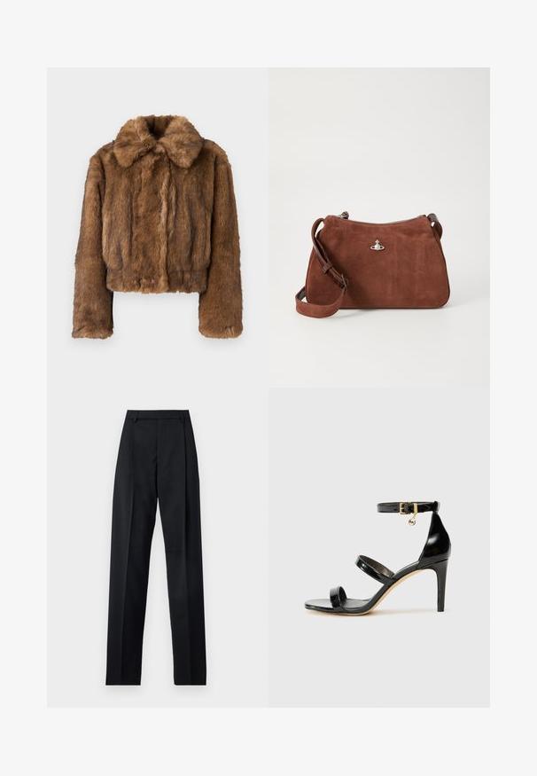 Rudas dirbtinės odos trumpas švarkas su apvaliu apykakle, ilgomis rankovėmis ir minkšta, tekstūrine paviršiumi. Jokių matomų detalių ar raštų.; Bežinė mėlyna mezgimo megztinė su giliu V iškirpimu, ilgomis rankovėmis ir tekstūruotu skyriumi krūtinėje. Trumpas ilgis su laisvu kirpimu.; Juodos kelnės iš lygaus audinio, pasižyminčios aukštu liemeniu, plačiomis kojomis, priekinėmis klostėmis ir klasikiais diržo kilpomis. Šoninių kišenių nematyti.; Juodas patentuotas odinis sandalai su trimis diržais, kulkšnies sagtimi ir 4 colių stiletto kulnu. Yra aukso detalės ir logotipo žavesys.; Rudas zomšos rankinukas su užtrauktuku, reguliuojama petneša ir sidabro spalvos akcentais, pasižymintis subtilia tekstūru.