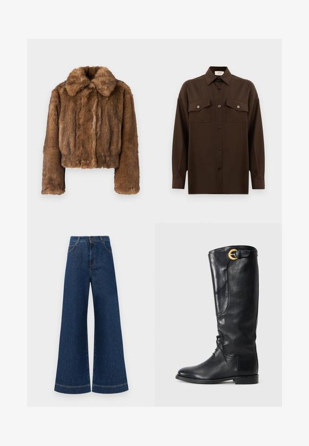 Smeđa lažna krznena jakna skraćena kroja s okruglim ovratnikom, dugim rukavima i mekanom, teksturiranom površinom. Nema vidljivih metalnih dijelova ili uzoraka.; Tamno smeđa dugosleeve košulja s dugim rukavima i dugmadi, s dva džepa s preklopom na prsima i klasičnim ovratnikom, prikazana na jednostavnoj bijeloj pozadini.; Široke plave traperice s visokim strukom, s kopčanjem na gumbe, petljama za remen i suptilnim detaljima šavova duž džepova i rubova.; Crne kožne čizme do koljena s zaobljenim vrhom, vezanjem sprijeda, bočnim detaljem i zlatnom kopčom na vrhu. Glatka tekstura.