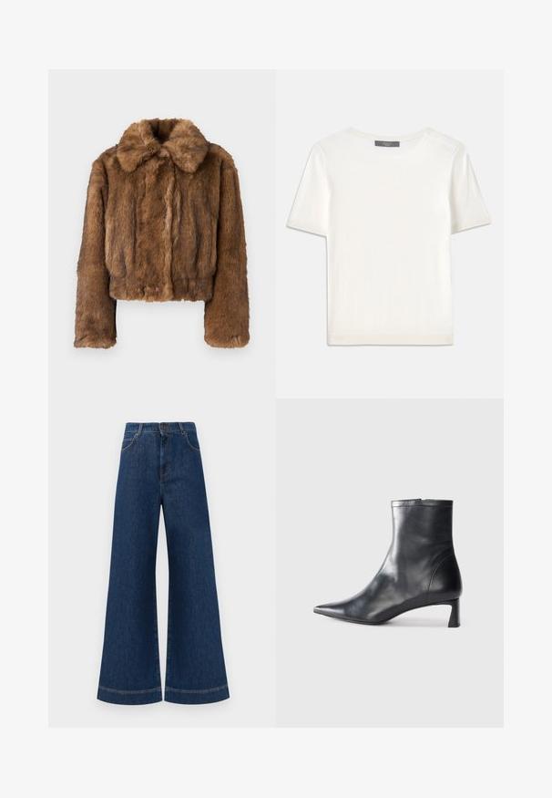 Rjav umetni krznen jakna, krojena nad pasom, z zaobljenim ovratnikom, dolgimi rokavi in mehko, teksturirano površino. Brez vidnih dodatkov ali vzorcev.; Bela kratka pletena majica s kratkimi rokavi in okroglim izrezom, ki ima gladko teksturo in subtilne rebrovane detajle na rokavih in robu.; Svetlo modri jeans širokih nogavic z visokim pasom, ki imajo zaponko, težke zanke za pas in subtilne šive ob žepih in robovih.; Črne usnjene gležnjarje s šiljastim nosom in elegantnim dizajnom. Imajo nizko peto in zadrgo na zadnji strani. Gladka tekstura.