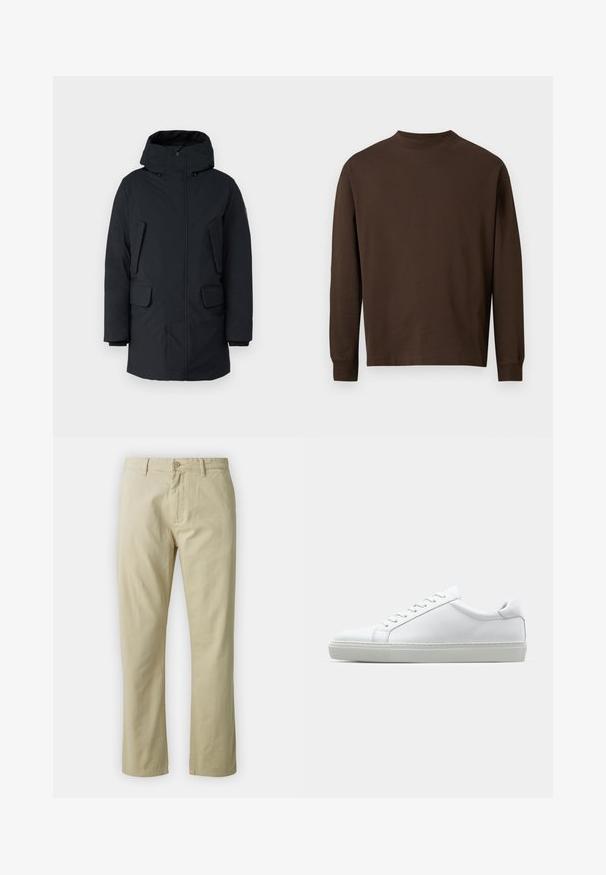 Parka noire avec capuche, dotée d'une fermeture éclair à l'avant, de deux poches latérales et d'un tissu lisse et résistant à l'eau. Design classique à coupe droite.; Chemise marron à manches longues en tissu doux, avec un col rond et une coupe droite, sans motifs ni éléments métalliques visibles.; Pantalon en coton beige avec une coupe droite, fermeture à bouton sur le devant et passants de ceinture. Texture lisse, sans motifs ou accents visibles.; Sneaker blanche avec une tige en cuir lisse et un profil bas. Présente un bout arrondi, six œillets et une semelle en caoutchouc texturé.