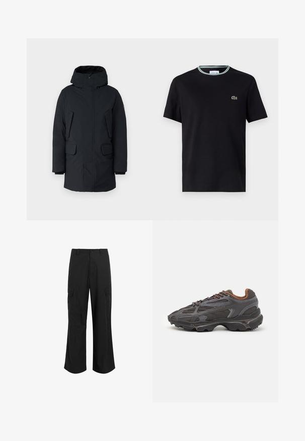 Czarna parka z kapturem, z przodem zapinanym na zamek błyskawiczny, dwoma bocznymi kieszeniami oraz gładkim, wodoodpornym materiałem. Klasyczny, prosty krój.; Czarna bawełniana koszulka z okrągłym dekoltem, z białym i zielonym paskiem wykończeniowym oraz wyszywanym zielonym logo krokodyla po lewej stronie klatki piersiowej.; Czarne spodnie cargo wykonane z lekkiej tkaniny, z luźnym krojem, dwoma dużymi bocznymi kieszeniami i zapięciem na guzik.; Sneakers Lacoste w ciemnoszarym kolorze, wykonane z siateczki i materiału syntetycznego, z teksturowaną podeszwą oraz brązowymi akcentami na kołnierzu i logotypie.