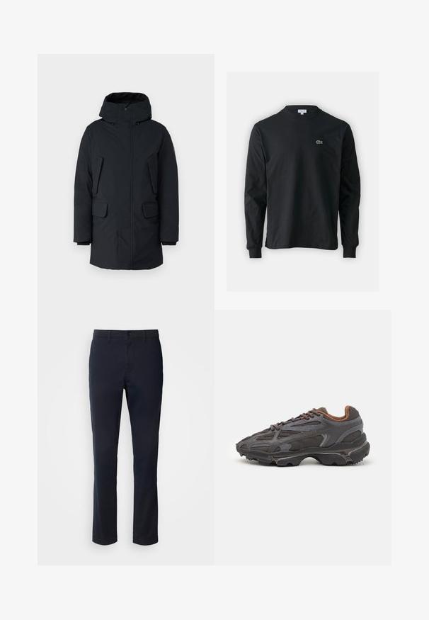 Schwarze Parka mit Kapuze, ausgestattet mit einem vorderen Reißverschluss, zwei seitlichen Taschen und einem glatten, wasserabweisenden Stoff. Klassisches, gerades Design.; Schwarzes Langarm-T-Shirt aus Baumwolle, mit Rundhalsausschnitt und einem kleinen grünen, gestickten Krokodil-Logo auf der linken Brust.; Marineblaue Hosen aus glattem Material mit geradem Bein, Gürtelschlaufen und einer Knopfverschluss mit Reißverschluss.; Lacoste Sneaker in Dunkelgrau aus Mesh und Synthetikmaterial, mit einer strukturierten Sohle und braunen Akzenten am Kragen und Logo.