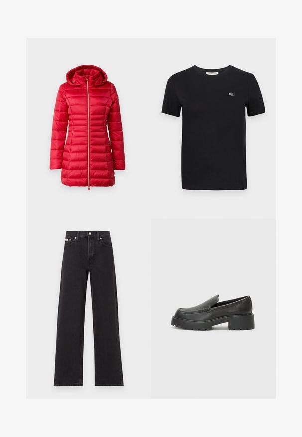 Save the duck REESE - Cappotto invernale - tango red; T-shirt in cotone nero con collo rotondo classico, maniche corte e un piccolo logo bianco ricamato "ck" sul petto.; Jeans neri a gamba larga in denim, con vita alta, styling a cinque tasche e chiusura con bottone metallico e cuciture a contrasto.; Mocassini in pelle nera con punta arrotondata, suola spessa e testurizzata, e minime cuciture. Design elegante senza lacci o parti metalliche visibili.