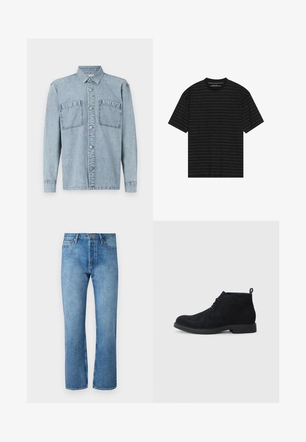 Helesinise helesinine denimhülsiga, pikkade varrukatega, nööbiga kinni ja kahe rinna taskuga, klassikalise kraega; omaduseks on tekstureeritud kangas.; Must have lühikeste varrukatega must t-särk, millel on õhukesed valged horisontaalsed triibud. Valmistatud pehmest kangast, ümar kaelus ja mugav lõige.; Heledad sinised teksad sirge lõikega, klassikalise viie tasku disainiga, nööpnõelaga kinnitamine ja kontrastsete õmblustega.; Must have nahkasaapad, millel on ümar nina, nööridega disain ja tekstureeritud kummitald. Tagaküljel on väike tõmbenöör.