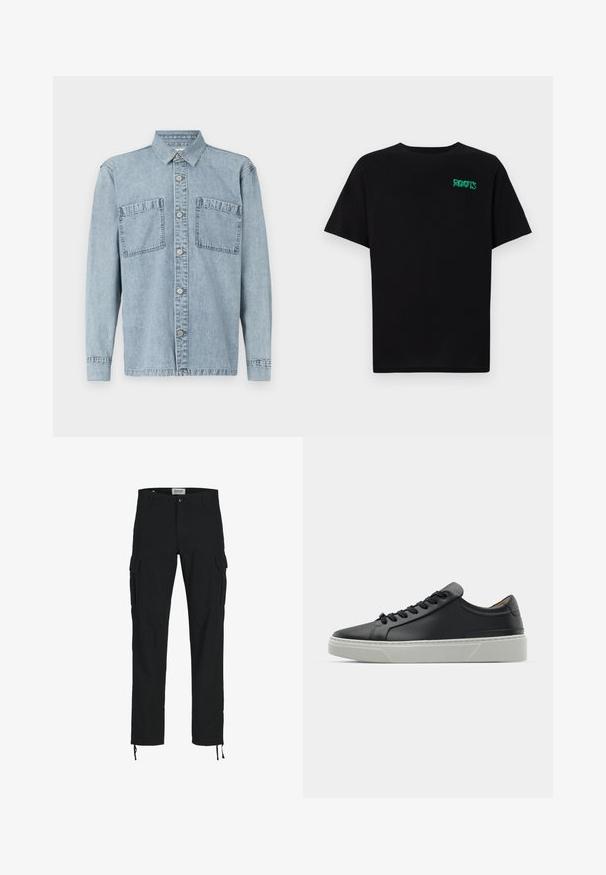 Denimska košulja svijetloplave boje s dugim rukavima, zatvaranjem na dugmadi, dva džepa na prsima i klasičnim ovratnikom; ima teksturiranu tkaninu.; Crna majica kratkih rukava od pamuka. Na prednjem dijelu se nalazi zeleni "ROOTS" logo, okrugli izrez i standardni kroj.; Crne cargo hlače ravnog kroja, s bočnim džepovima, kopčanjem na dugme i elastičnim šniranjem na gležnjevima. Izrađene od izdržljivog materijala.; Crne kožne tenisice s glatkom teksturom, okruglim vrhom i crnim čipkastim vezicama. Imaju debeo bijeli gumeni potplat s suptilnim geometrijskim naglascima.